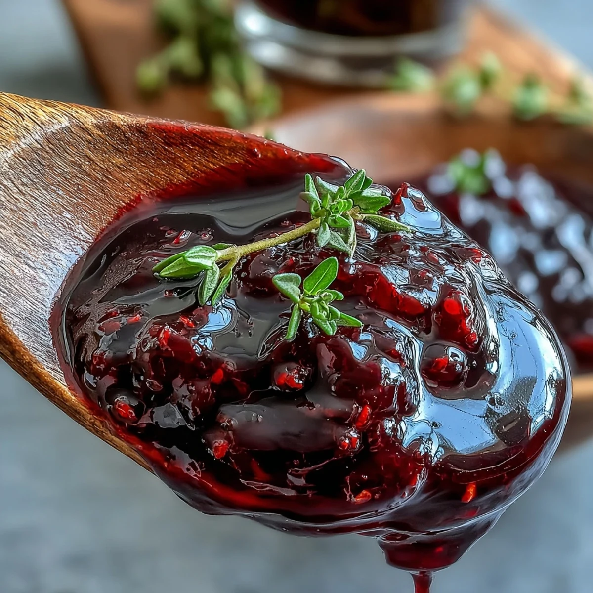 Glossy Black Currant Reduction, simmered with red wine and thyme, drizzled over sliced roasted duck breast.