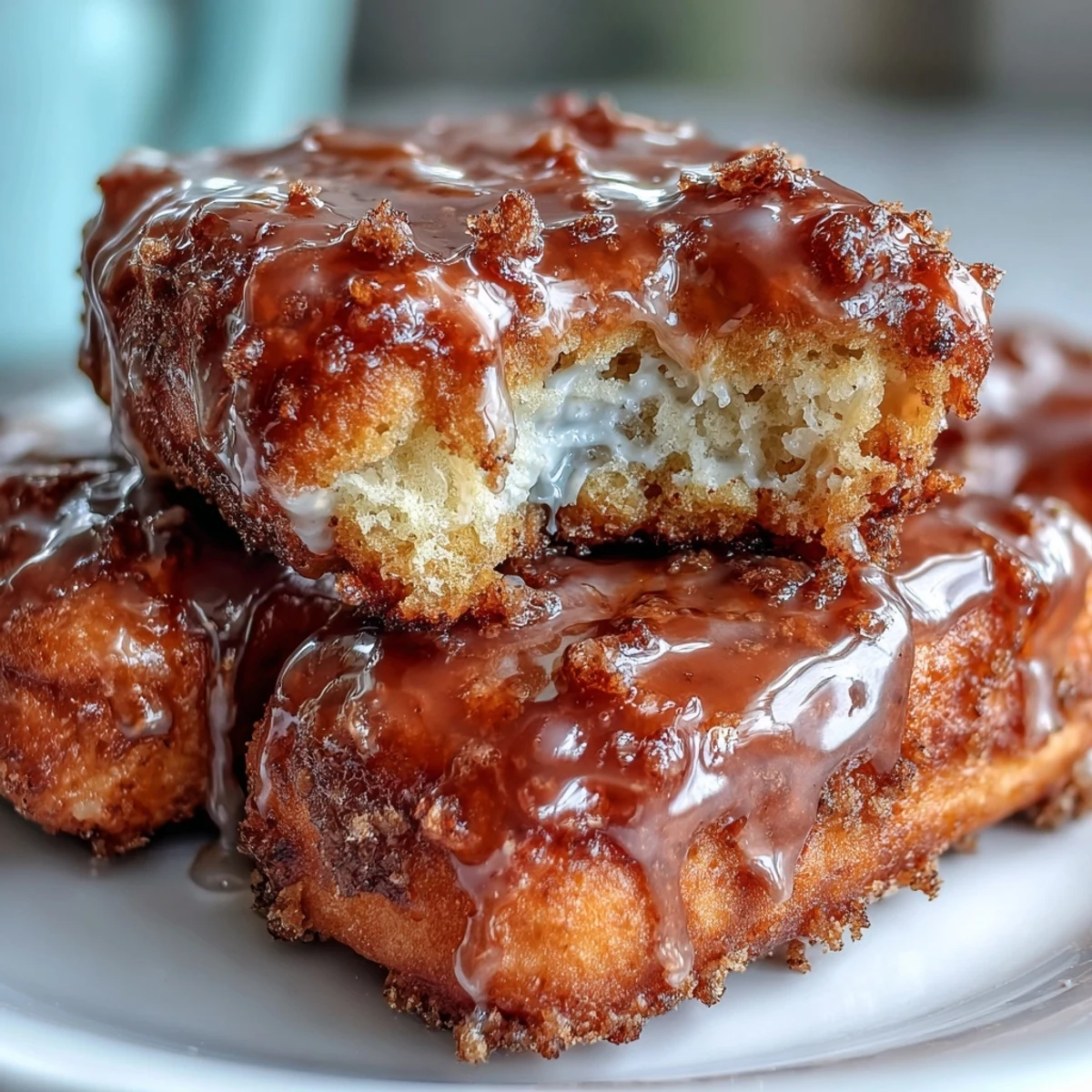 Golden brown Maple Donut Bars drizzled with sweet maple glaze on a wooden board.