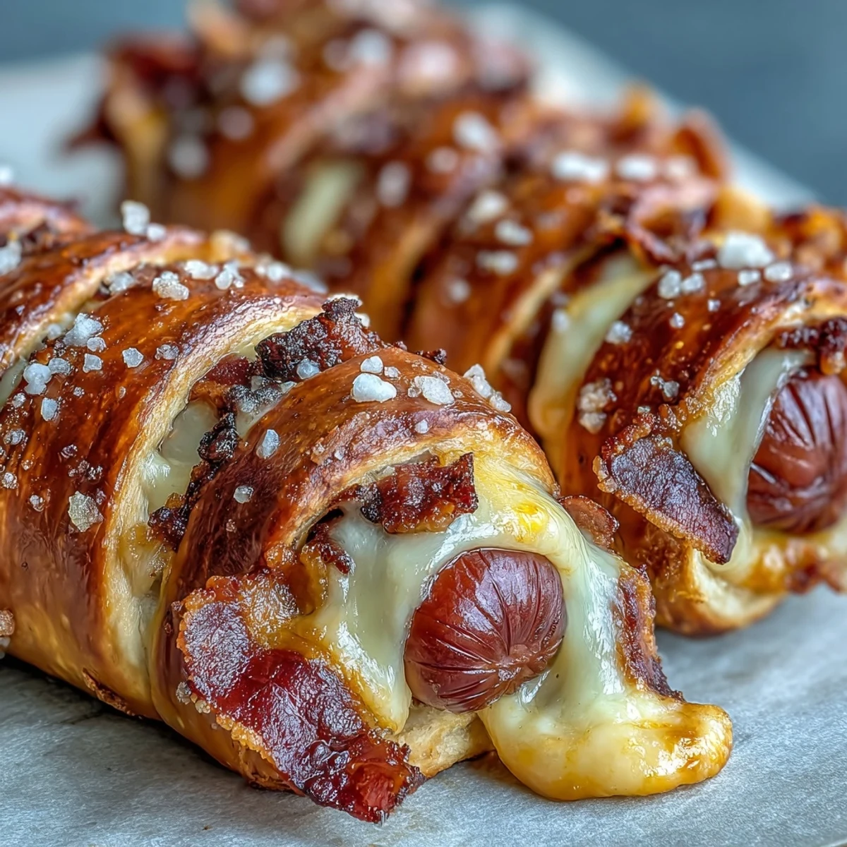 Golden-brown Soft Baked Cheesy Pretzel Dogs with coarse salt on a tray, ready for dipping in mustard.