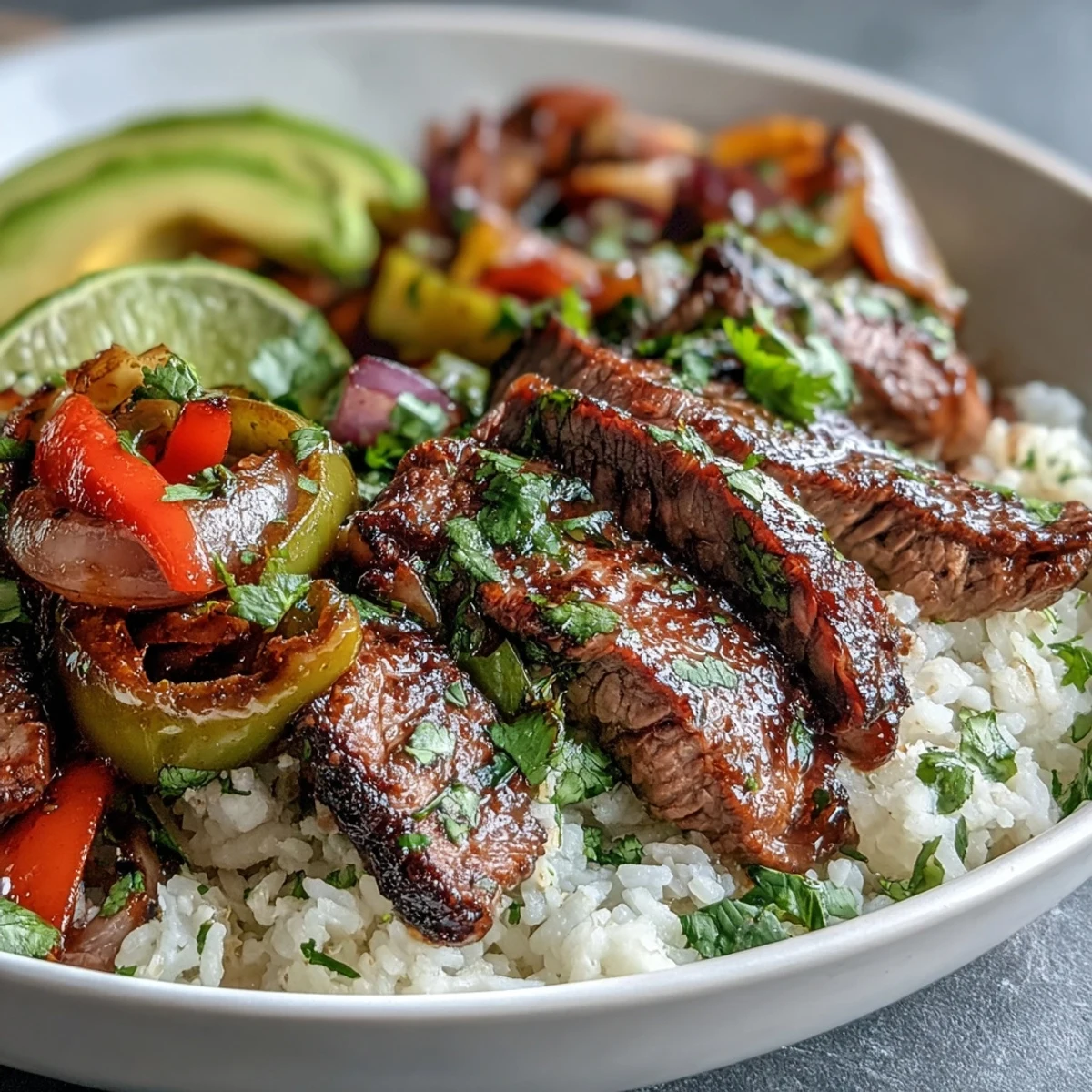 Sizzling steak strips and charred peppers in a vibrant Steak Fajita Bowl garnished with avocado, cilantro, and lime wedges.