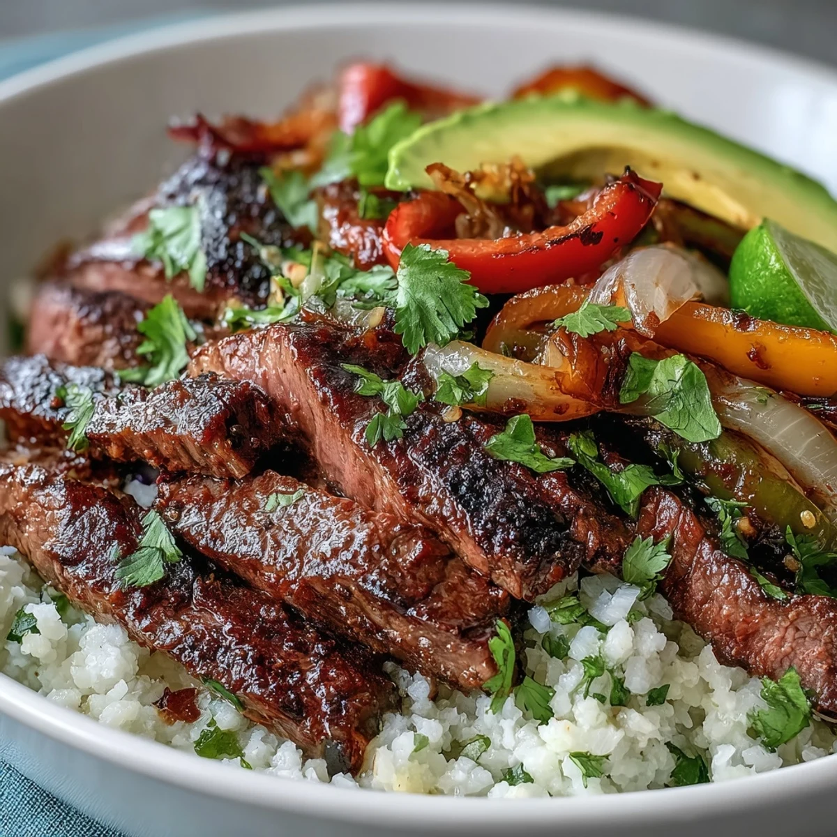 Ready-to-serve Steak Fajita Bowl topped with shredded cheese and a dollop of sour cream for a creamy, protein-packed meal.