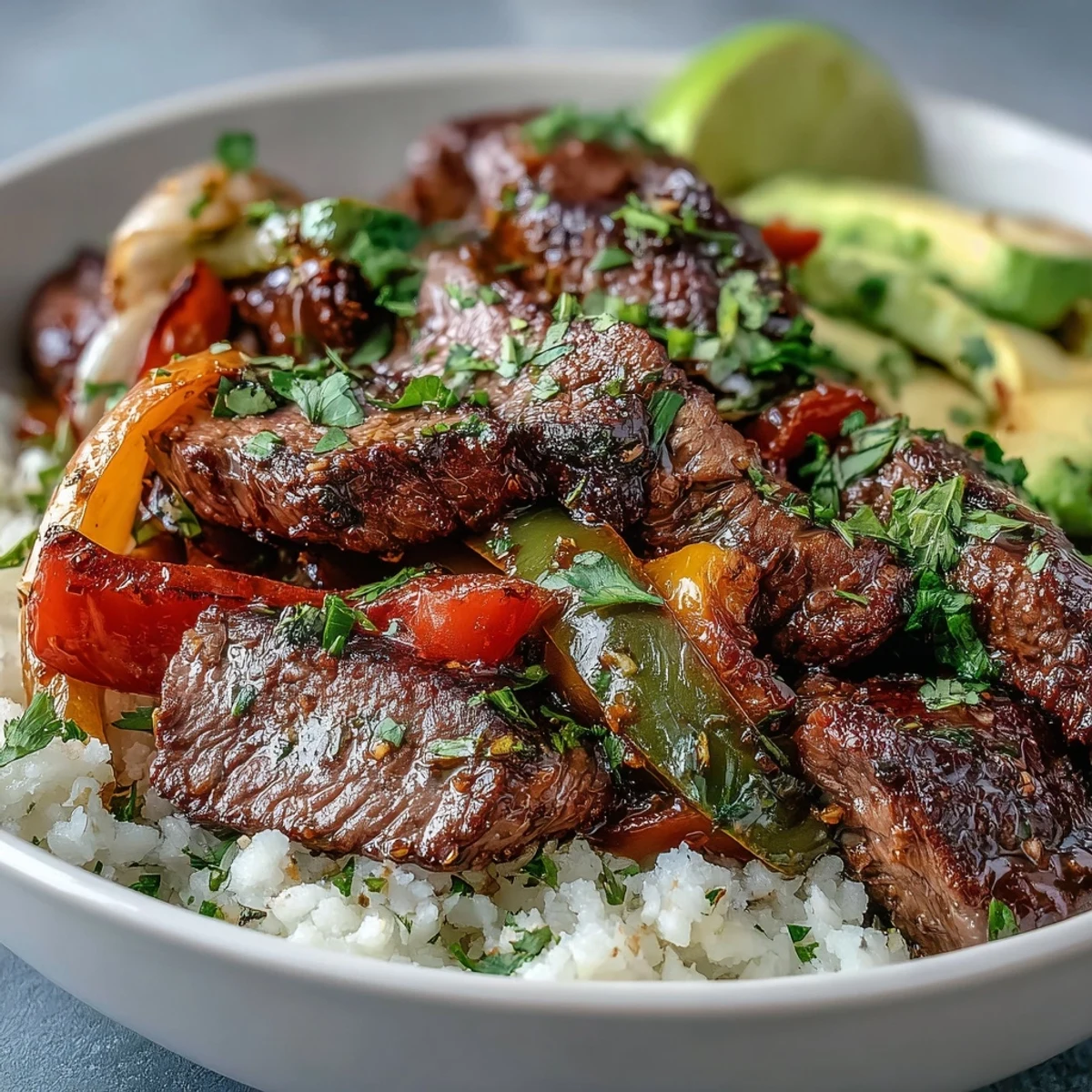 Freshly cooked cauliflower rice forms a low-carb base for the juicy steak and sautéed peppers in a Tex-Mex Steak Fajita Bowl.