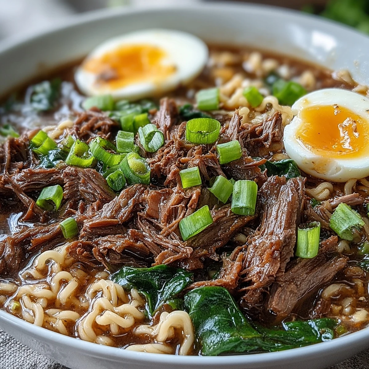 Slow Cooker Beef Ramen Noodles in a rustic bowl with tender shredded beef and vibrant green onions.