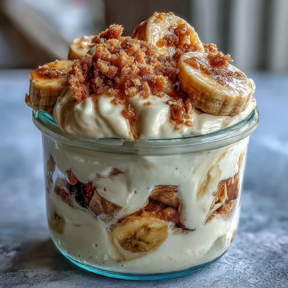 Healthy protein banana pudding topped with crushed sugar-free vanilla wafers, ready to serve as a nutritious post-workout snack.