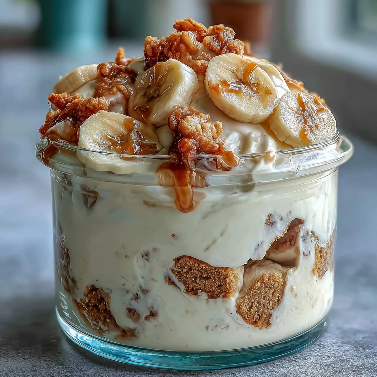 Easy homemade high protein banana pudding featuring layers of sweet banana slices and smooth vanilla whey custard.