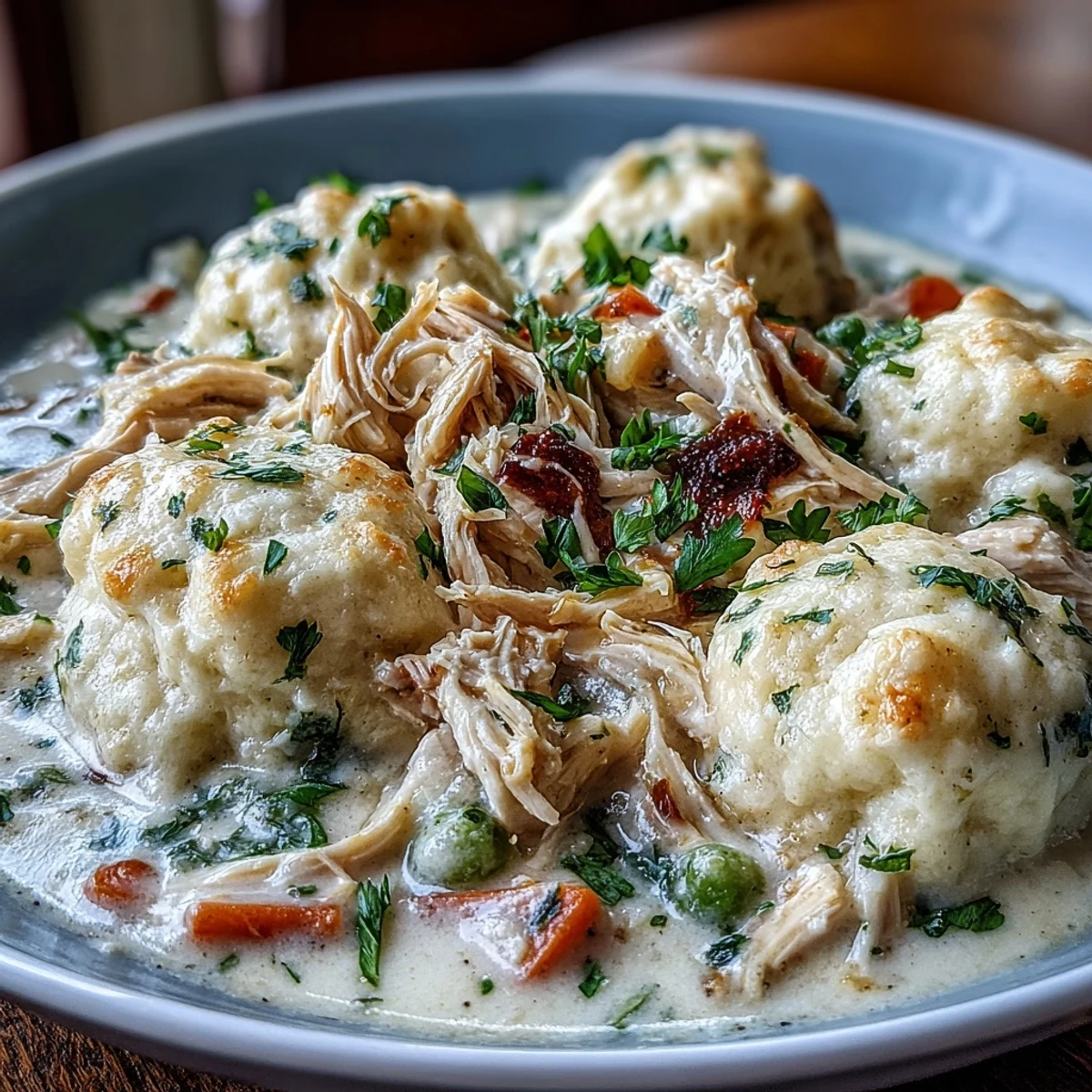 Creamy Slow Cooker Ranch Chicken & Dumplings simmer in a pot, revealing tender shredded chicken and fluffy drop biscuit dumplings.
