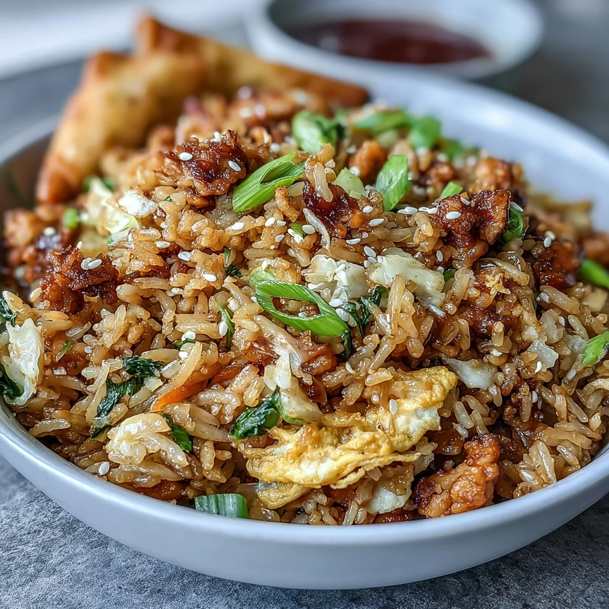 A close-up of Crispy Chicken Fried Rice with Egg Roll Flavors shows fluffy rice, scrambled eggs, and toasted sesame seeds, ready to serve.