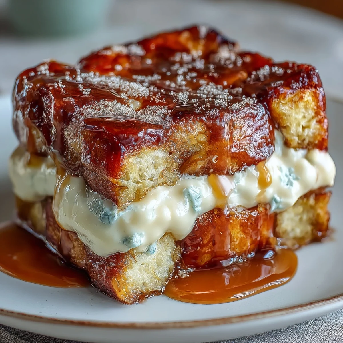 Golden brown Caramel Cream Cheese French Toast Casserole bubbling with caramel and cream cheese in a baking dish.