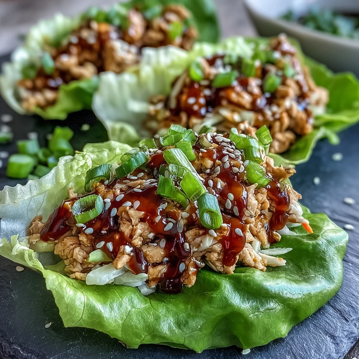 A close-up of Potsticker-Inspired Chicken Lettuce Boats served with a drizzle of spicy dipping sauce.