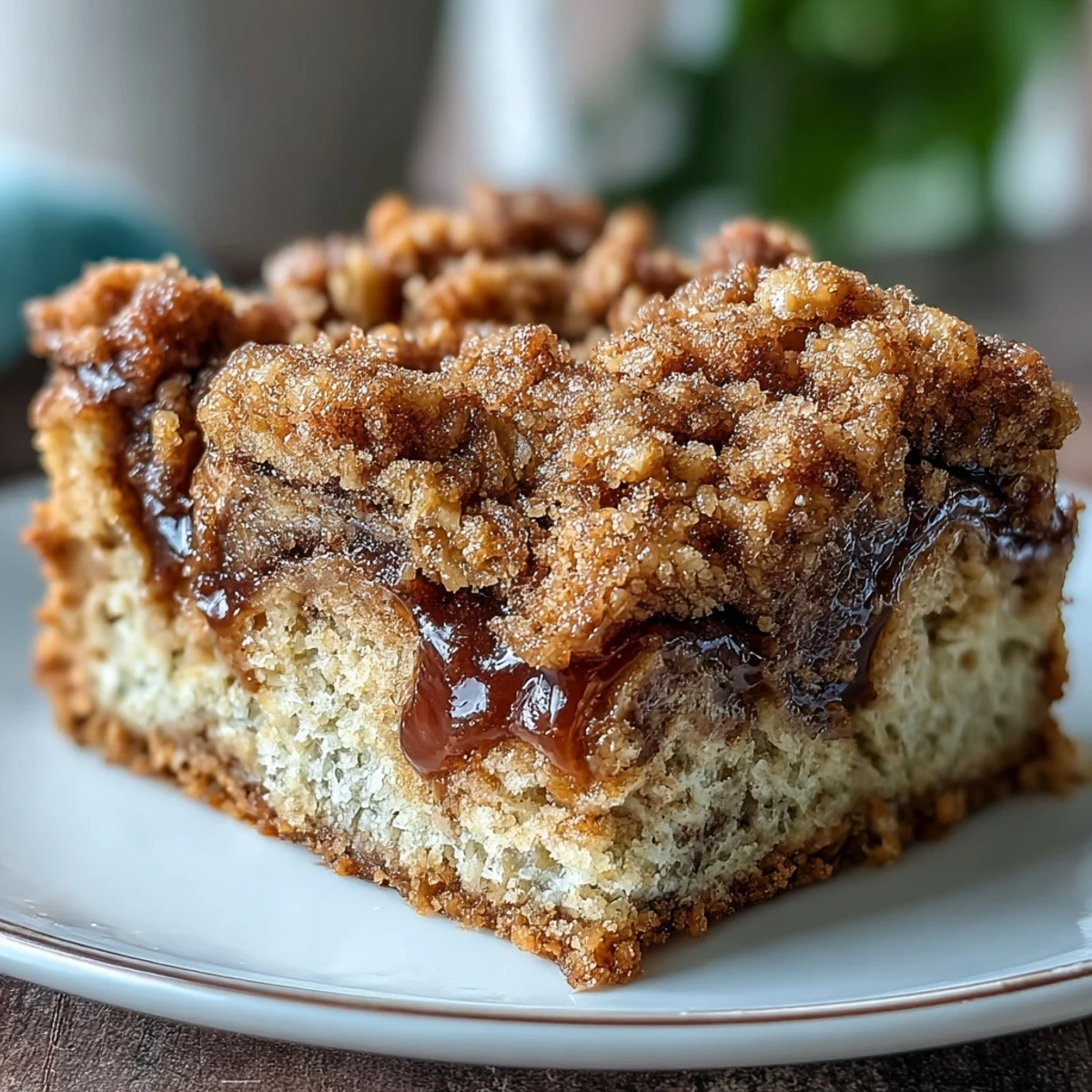 High-Protein Cinnamon Swirl Coffee Cake Oats fresh from the oven featuring a golden streusel topping.