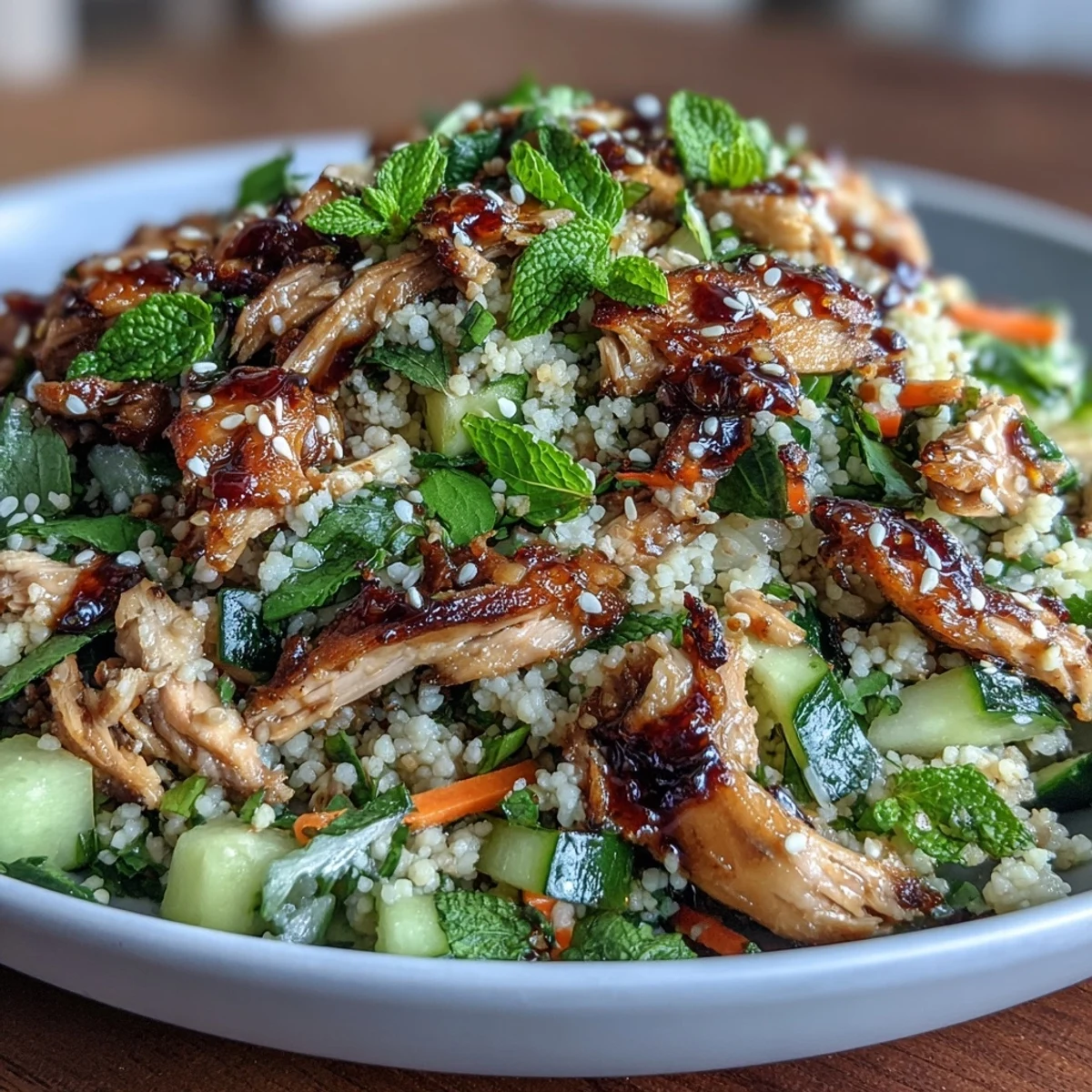 Diced cucumber, shredded carrots, and juicy rotisserie chicken mingle in a bowl with tender couscous. The Asian Sesame Chicken Couscous Salad is tossed in a dark, glossy sesame-soy dressing and sprinkled with sesame seeds.
