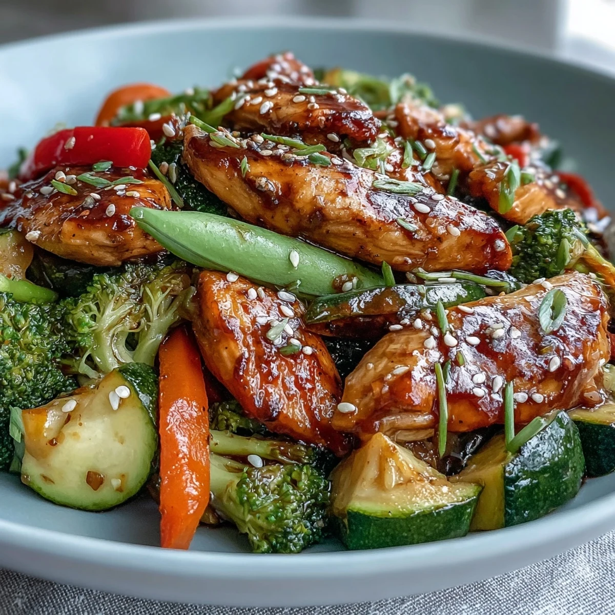 Bright and colorful High-Protein Chicken and Veggie Stir-Fry with crisp bell peppers, zucchini, and tender chicken tossed in a savory sauce.