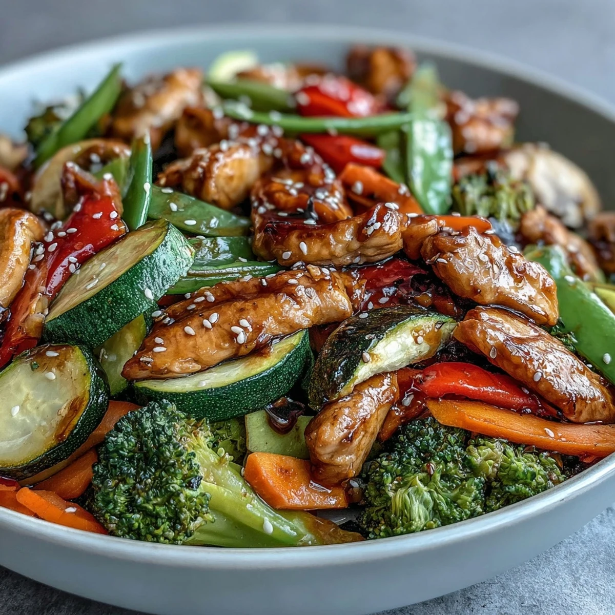 Close-up of High-Protein Chicken and Veggie Stir-Fry featuring snap peas, broccoli, and carrots, garnished with fresh green onions.