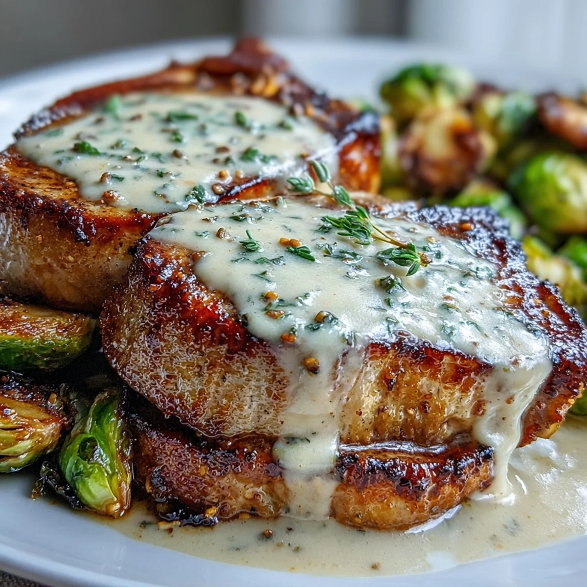 Golden-brown Keto Creamy Dijon Pork Chops smothered in rich sauce alongside crispy roasted Brussels sprouts.