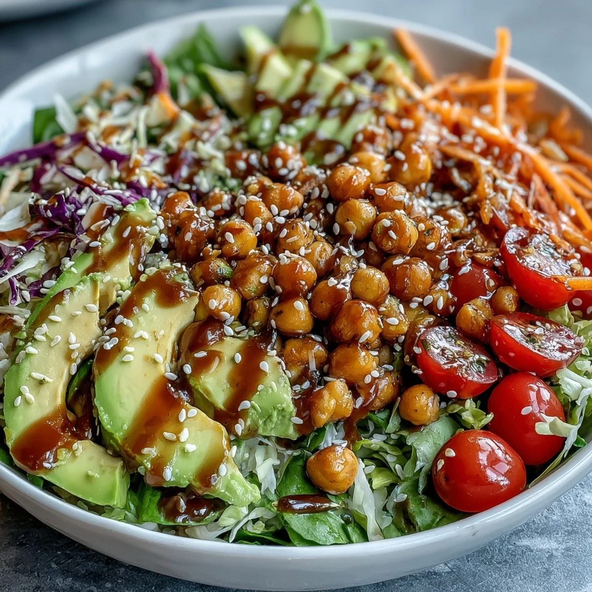 Rainbow Veggie Buddha Bowl with Sesame Ginger Dressing is arranged with quinoa, avocado, and chickpeas in a vibrant, nourishing presentation.