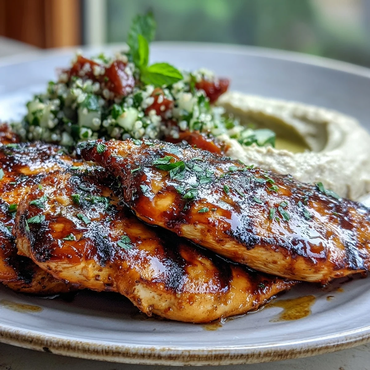 Savory Mediterranean Grilled Chicken with Hummus and Tabbouleh served on a white plate, featuring juicy grilled slices next to fluffy tabbouleh.