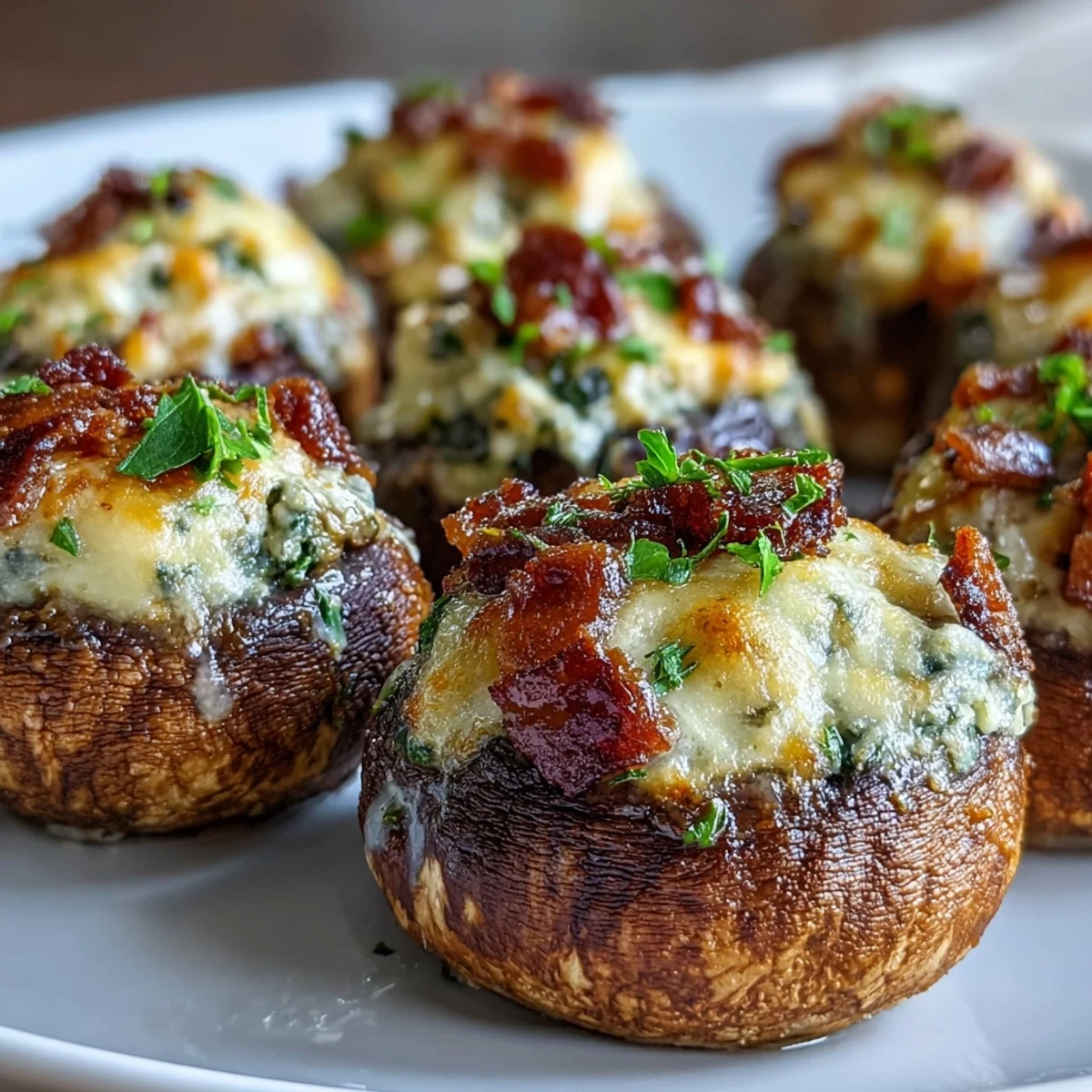 A close-up of Keto Bacon and Cheese Stuffed Mushrooms garnished with fresh parsley, plated on a dark ceramic dish.
