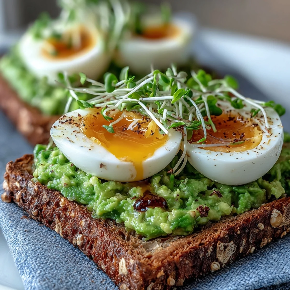 Golden soft-boiled egg halves and vibrant microgreens top creamy avocado on crispy whole grain toast.