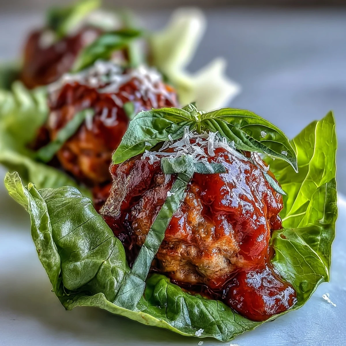 Golden-baked turkey meatballs in marinara, served inside fresh lettuce cups topped with basil and grated Parmesan cheese.