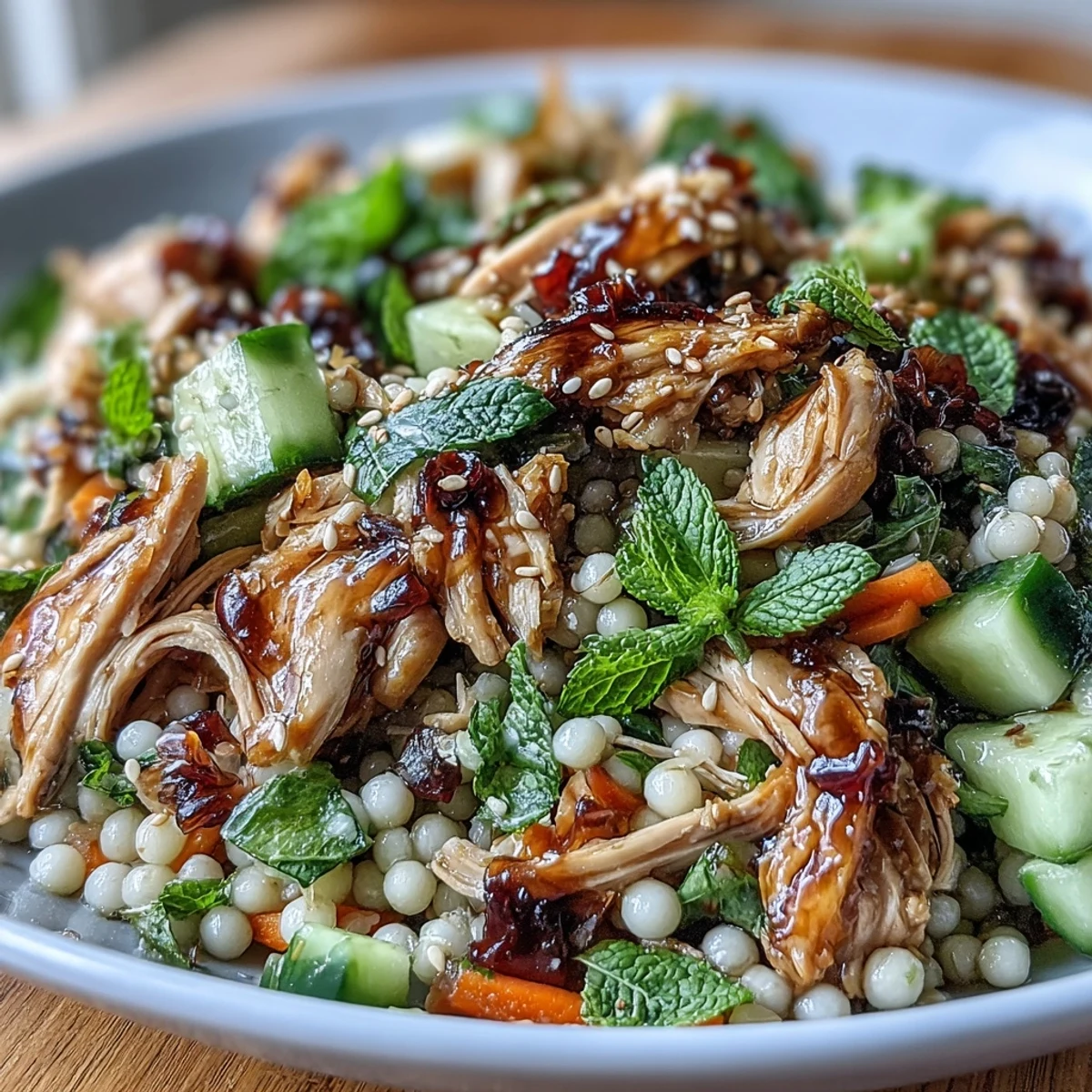 Freshly cooked pearl couscous glistens in a large bowl, ready for the savory sesame-soy dressing. Shredded rotisserie chicken, diced cucumber, and vibrant carrots are prepped for the Asian Sesame Chicken Couscous Salad.