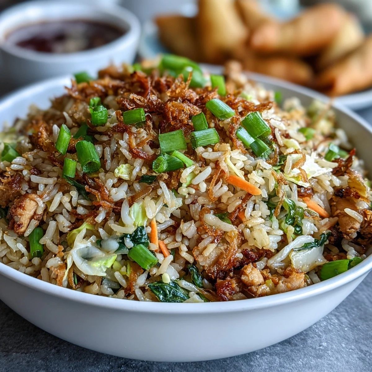 Served alongside chopsticks, this Asian-inspired fried rice features scrambled egg ribbons and vibrant vegetables.