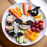 Vibrant Flying Bat Halloween Snack Board overflowing with colorful veggies, cheese, and sweet bat treats.