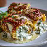 Four golden-baked Garlic Butter Lasagna Roll-Ups sit in a white ceramic dish, bubbling with melted mozzarella and Parmesan topping.