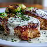 Succulent pork chops drizzled with tangy Dijon cream, garnished with fresh parsley and thyme.