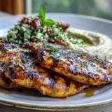 Savory Mediterranean Grilled Chicken with Hummus and Tabbouleh served on a white plate, featuring juicy grilled slices next to fluffy tabbouleh.