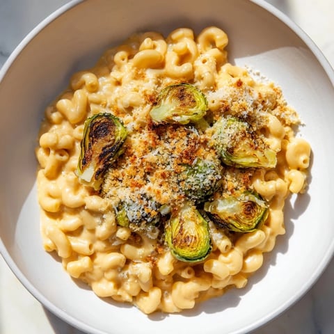 A sheet pan mac and cheese with golden, bubbly cheese and roasted Brussels sprouts is ready to serve.