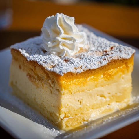 Fluffy slice of Simplified Pumpkin Magic Cake dusted with powdered sugar, ready to serve.