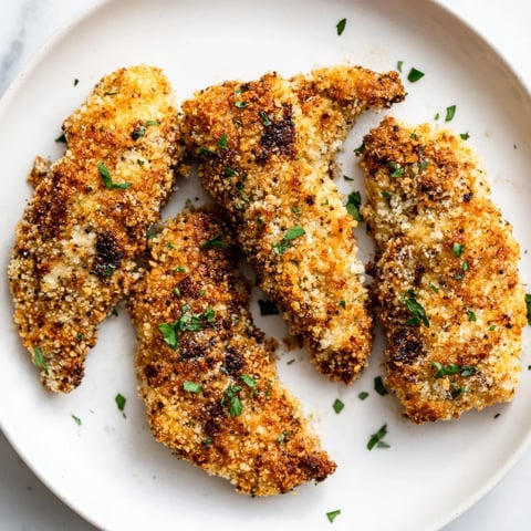 Golden, crispy Garlic Parmesan Chicken Tenders, served with fresh parsley and lemon wedges nearby.