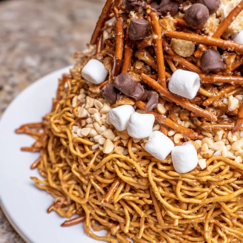 Haystack Candy Tower, a whimsical treat, layered with crunchy chow mein noodles and chocolate sweetness.
