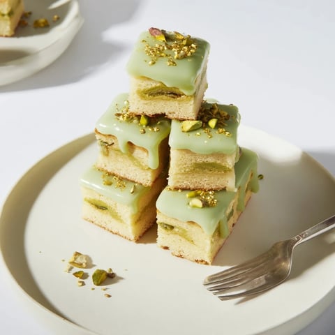 Delicate Grenouille Royale Petits Fours: bite-sized treats boasting pistachio cream and citrus glaze, visually appealing.