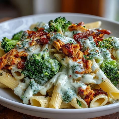 Creamy High Protein Rotisserie Chicken Broccoli Pasta served steaming in a white bowl with fresh parsley garnish.