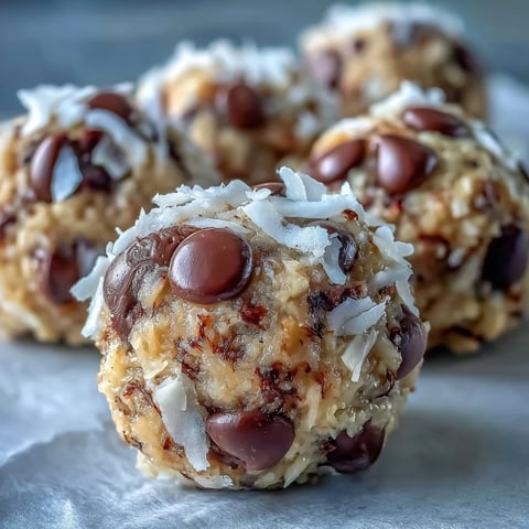 Close-up of chilled Moose Bites, no-bake chocolate coconut treats rolled in graham cracker crumbs. 