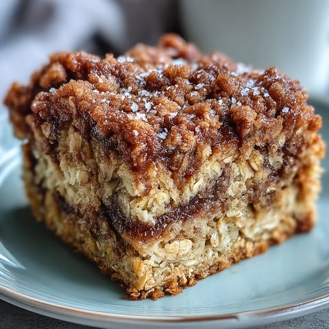 Freshly baked High-Protein Cinnamon Swirl Coffee Cake Oats cooling in a ceramic dish, revealing a golden crumble topping and warm cinnamon ribbon.