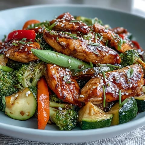 Bright and colorful High-Protein Chicken and Veggie Stir-Fry with crisp bell peppers, zucchini, and tender chicken tossed in a savory sauce.
