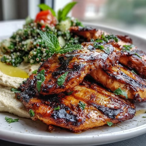 Golden-brown Mediterranean Grilled Chicken with Hummus and Tabbouleh, sliced and plated beside a creamy beige dip and vibrant, herb-flecked salad.