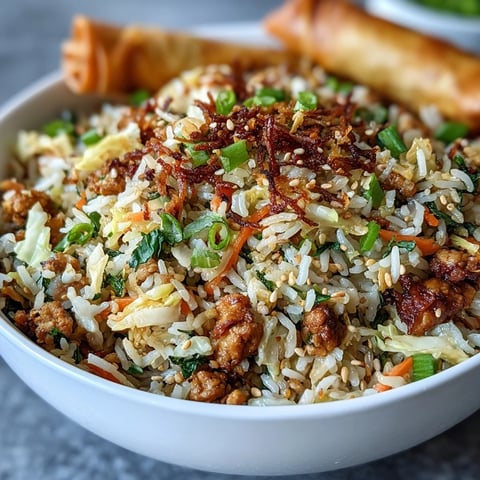Forkful of crispy chicken fried rice topped with sesame seeds and crispy onions.