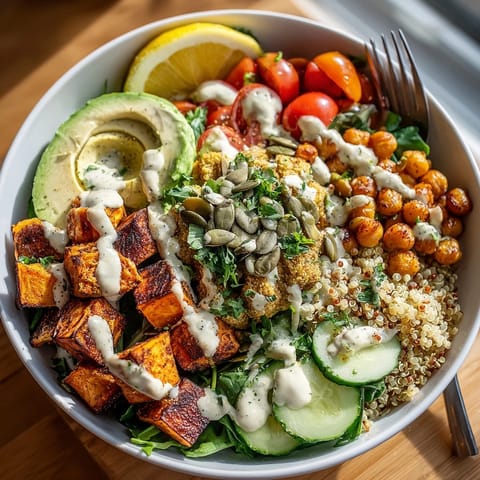 Colorful Crispy Chickpea and Sweet Potato Buddha Bowl served over quinoa and vibrant greens for dinner.