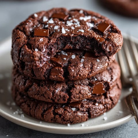 Close-up of double chocolate chip cookies piled on a wire rack, showcasing chewy, rich centers