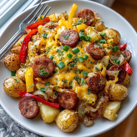 Close-up of One-Pot Loaded Potato and Sausage Skillet with golden potatoes, juicy sausage, and vibrant bell peppers.
