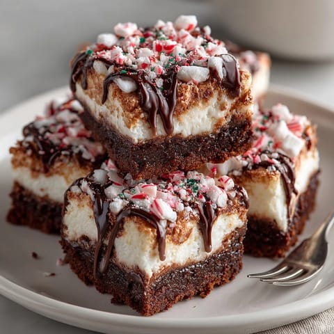 These Silly Cake Peppermint Hot Cocoa Marshmallow Bars show off gooey marshmallows atop a chocolatey delight.