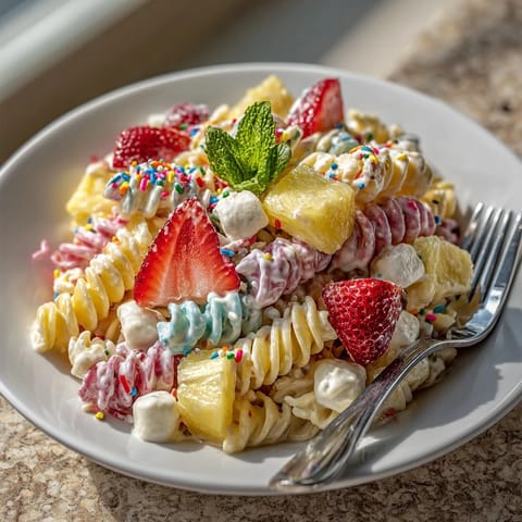 This chilled Rebel Float Cotton Candy Pasta Salad shows vibrant pasta and sweet grapes ready to serve.