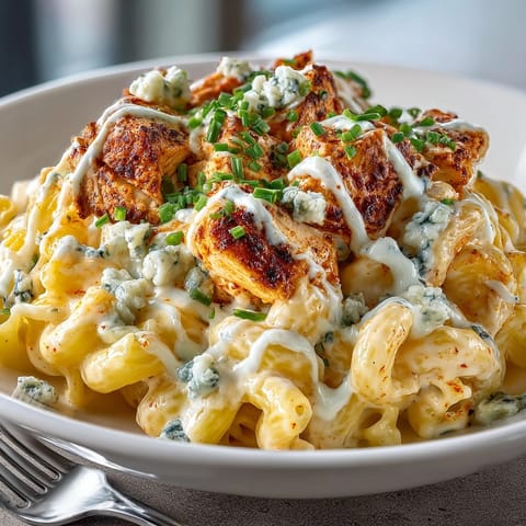 This photo features a close-up of Buffalo Chicken Mac, complete with blue cheese drizzle and fresh chives.