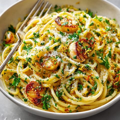 Close-up of the Garlic Confit Pasta, showcasing glistening pasta strands and roasted garlic cloves.