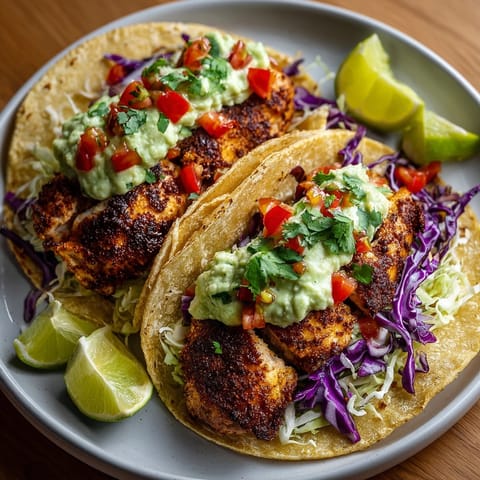 Zesty avocado lime crema generously drizzled over juicy chicken tacos, topped with vibrant veggies.