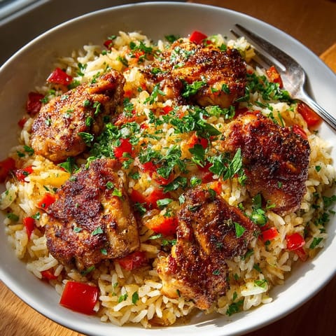 Hearty Cajun Chicken and Rice Skillet served hot from the pan with vibrant vegetables and lemon wedges.