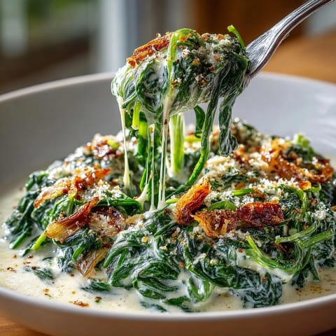 Rich and velvety creamed spinach in skillet, perfect for pairing with steak or poultry.